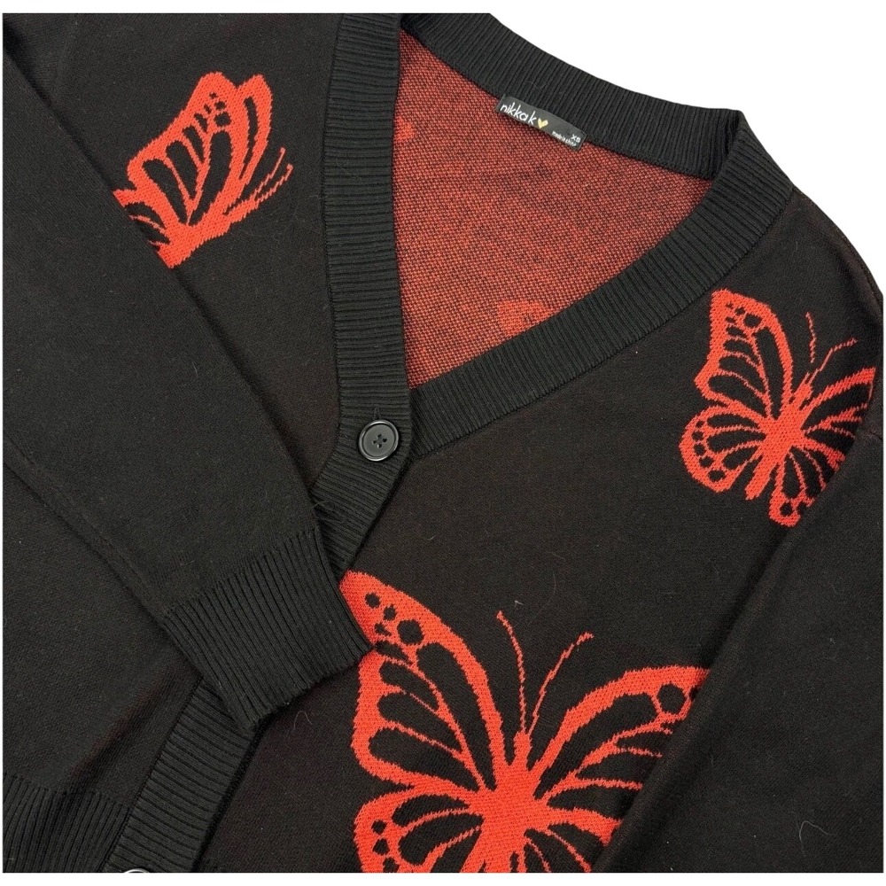Nikka K Butterfly Cardigan Women XS Black Red V-Neck Button Front Knit Sweater